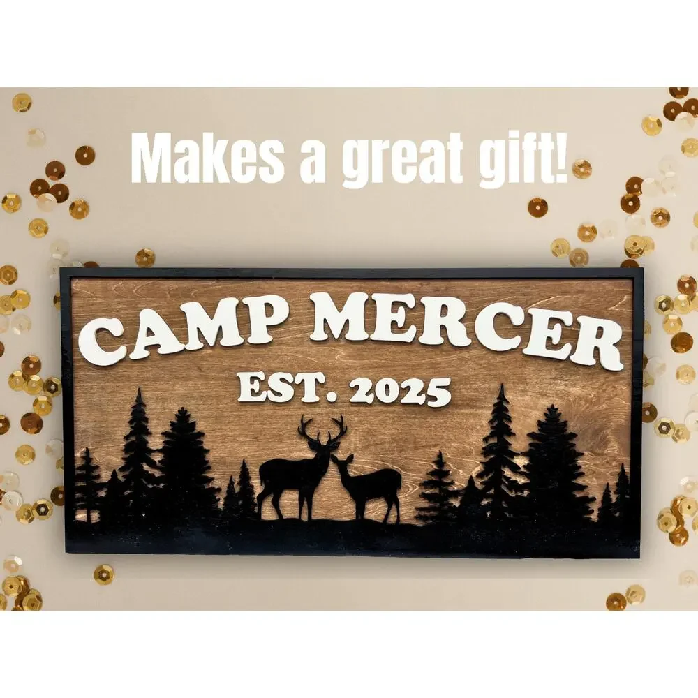 Custom Camp Sign Deer & Trees Personalized Cabin Lake House River Hunting Decor